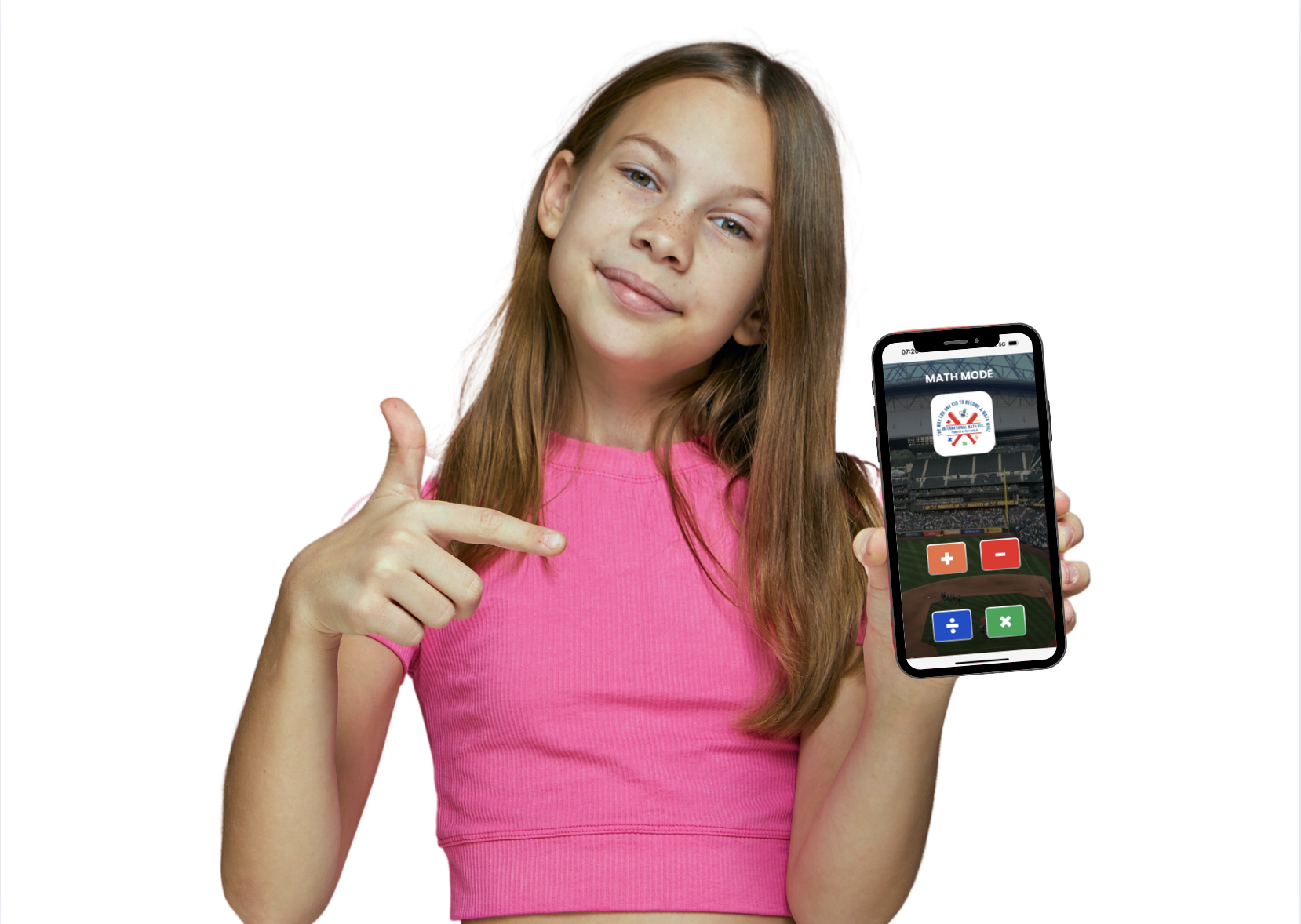 Student holding a phone with an image of the International Math Bee BatterUp App Math Mode Screen