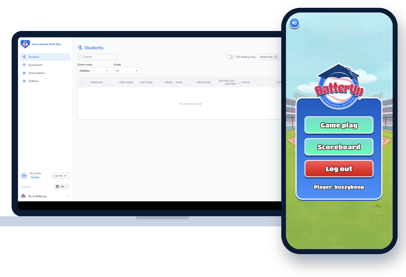 BatterUp® Home Screen on a phone next to the Parent/Teacher dashboard on a laptop